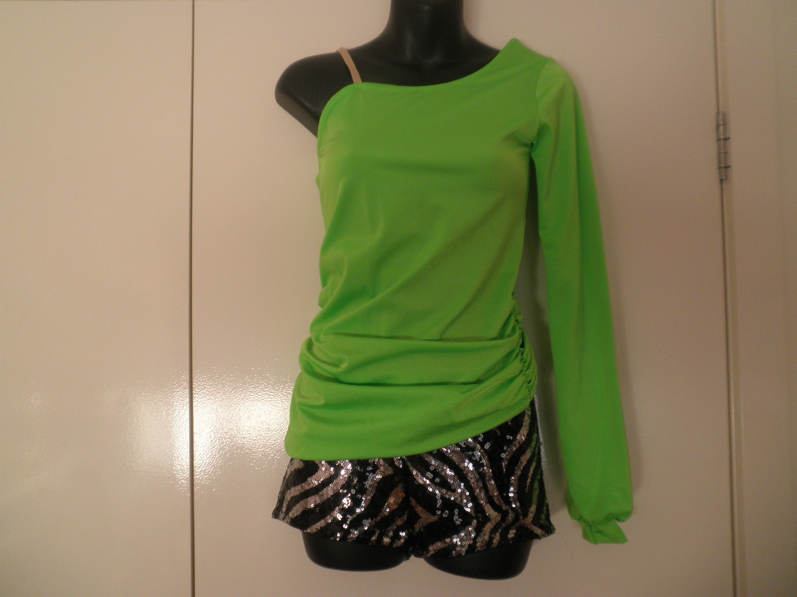 Preloved Solo Curtain Call Lime Green Leotard with Black/Silver Hot Pants AS